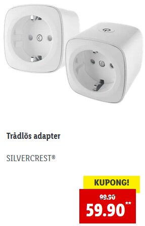 Två vita trådlösa adapter från SILVERCREST, en framifrån en från sidan, rabatterat pris, röd kupongskylt.