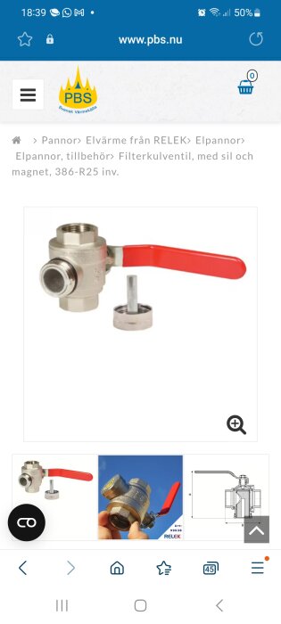 Skärmavbildning av en produkt på en webbplats; filterkulventil med sil och magnet, röd reglagehandtag.