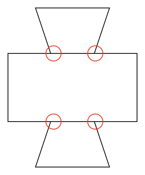 Diagram med geometriska former, fyra markerade punkter, illustration av möjligt tekniskt eller matematiskt koncept.