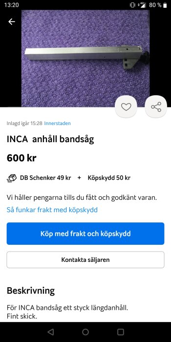 Skärmdump av onlineannons för en bandsågsdel, mot lila bakgrund, erbjuder köp och fraktalternativ.