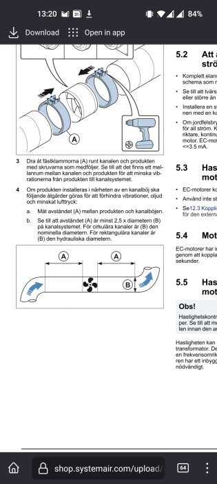 Illustration av ventilationsinstallation, textinstruktioner på svenska, installationssteg, rörkopplingar och mätningsanvisningar.