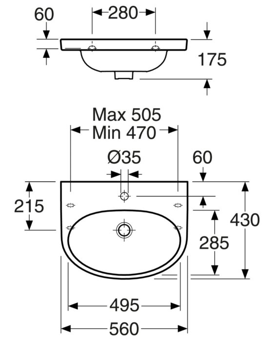 Teknisk ritning av oval tvättställ med måttangivelser och installationsdetaljer.