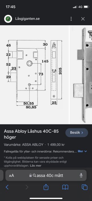 Teknisk ritning av Assa Abloy låshus, dimensioner angivna, produktsökningssida öppen i webbläsare.