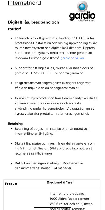 Reklamblad för internetpaket inklusive digitalt lås, bredband, router med information om priser och villkor.