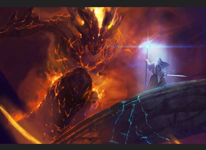 Episk strid mellan elddrake och krigare med svärd och trollstav på sprucken stenbro.