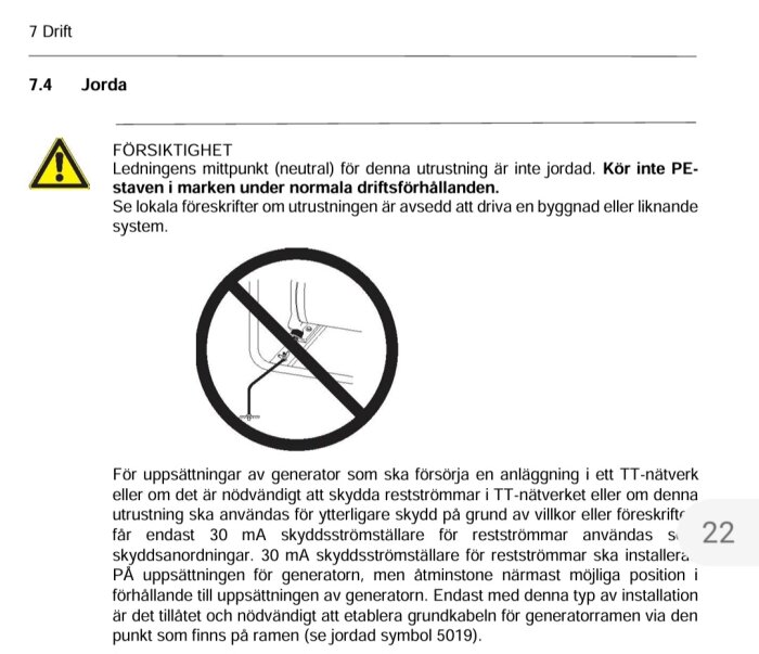 Svensk text om elinstallation, varningsikon, symbol förbjuden PE-stav jordning.