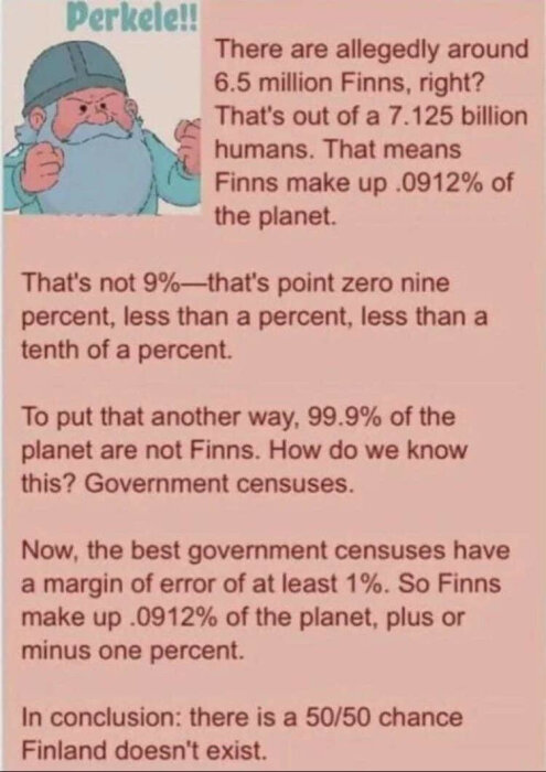 Illustration av en tecknad arg figur, skämtsamt argument om att Finland kanske inte existerar baserat på statistik.