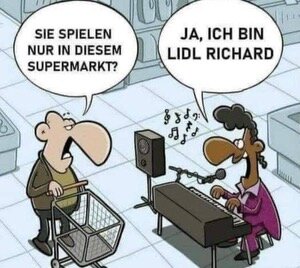 Tecknad bild, två figurer i en mataffär, en spelar keyboard, ordlek med "Little Richard".