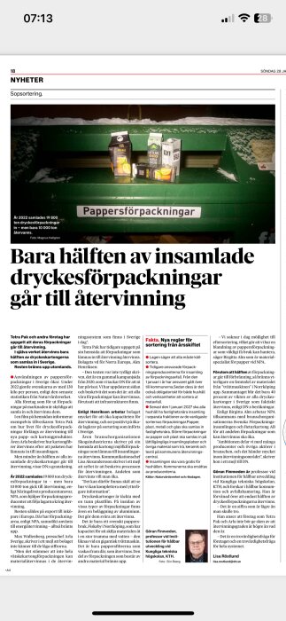 En tidningssida med artikel om återvinning av dryckesförpackningar och sopsortering, text, och ett foto.