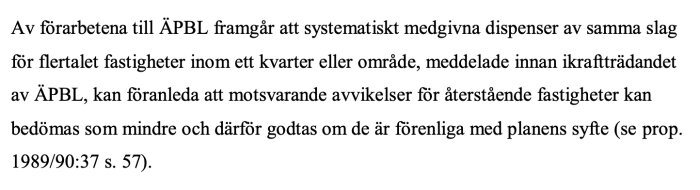 Svensk text från juridiskt dokument om systematiska dispenser och avvikelser för fastigheter, ÅPBL hänvisning.