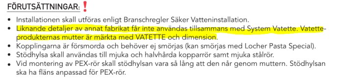 Svensk text som listar förutsättningar för installation, varnar mot icke-originaldelar, markerade med "VATETTE".