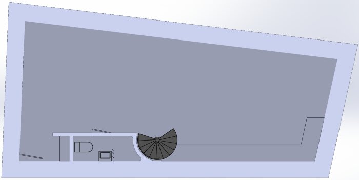 Datorgenererad bild, rumslig layout, möbler planlösning, modern design, minimum detaljer, blågråa toner, arkitektonisk skiss.