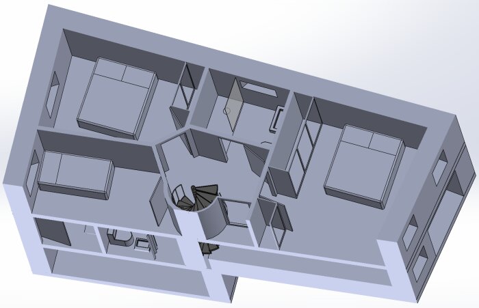 En 3D-modell av ett tomt kontorsutrymme med skrivbord, stolar och separata rum.