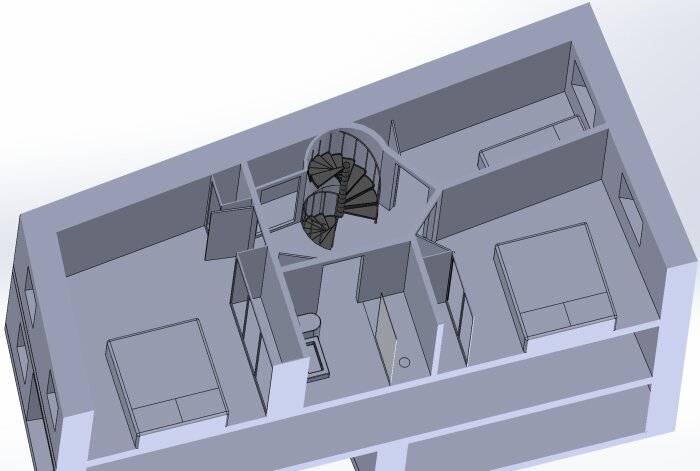 3D-modell av en inre layout, byggnadskonstruktion, omritad, trappa i mitten, tomma rum.