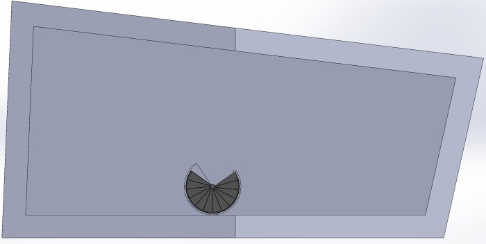 3D-CAD-ritning med genomskärning av objekt, geometriska former, två vinklade plan, grått och blått.