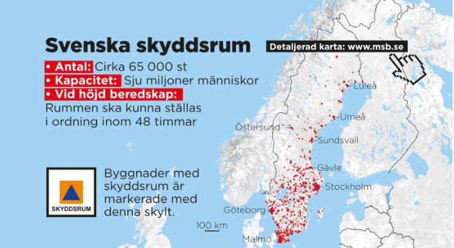 Infograf med karta över Sverige visar placering av skyddsrum; information om antal, kapacitet och beredskapstid.