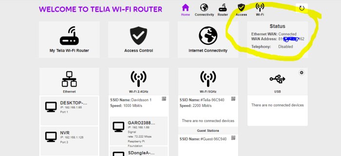 Routeradministrationsgränssnitt för Telia Wi-Fi, visar anslutningsstatus och anslutna enheter.