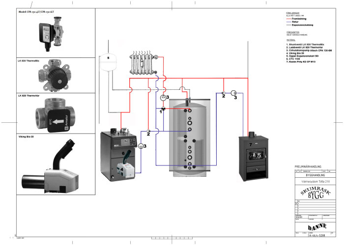 Teknisk ritning av värmesystem med komponentbilder och anslutningsscheman.