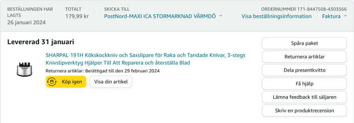 E-handelsplattform, orderdetaljer, köksknivslip levererad, returpolicy, köpknapp, spårnings- och returalternativ.