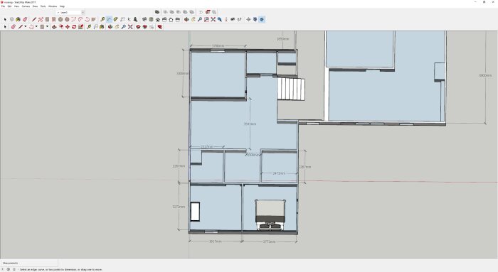 Ritningslayout, CAD-program, måttangivelser, husplan, möblerade rum, teknisk skiss.