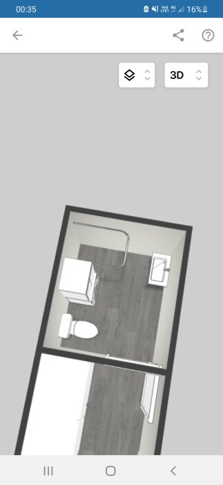 3D-modell av ett rum med möbler på en mobilskärm.