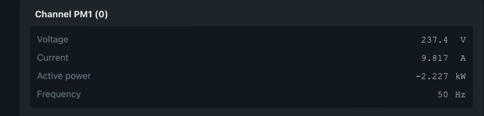 Gränssnitt visar elektriska parametrar: spänning, ström, aktiv effekt, frekvens för channel PM1.