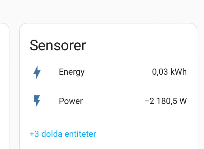 Digital gränssnittspanel visar sensoruppgifter för energi (0,03 kWh) och effekt (-2 180,5 W), plus tre dolda entiteter.