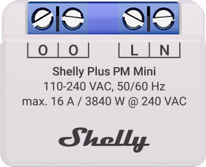 Vit Shelly Plus PM Mini- strömbrytare, märkt med elektriska specifikationer och anslutningsterminaler.