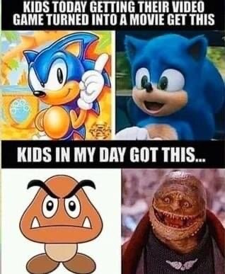 Meme jämför modern Sonic-film med äldre, mindre realistiska spelkaraktärsfilmatiseringar. Nostalgi och generationsglipa tema.