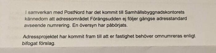 Text om samarbete med PostNord och omnummerering av adresser på Förängsudden.