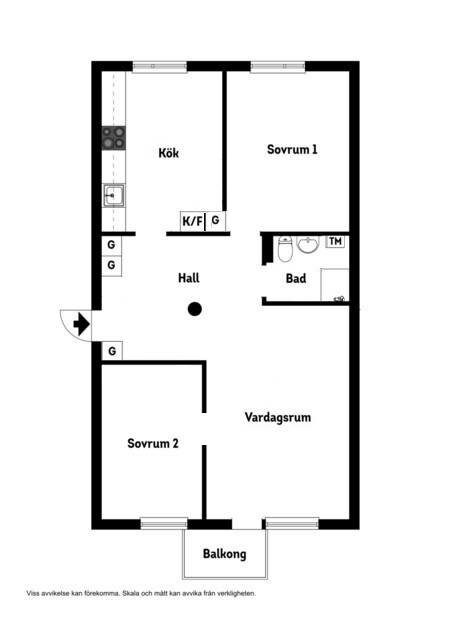 Planritning över en lägenhet med kök, två sovrum, vardagsrum, badrum, hall och balkong.