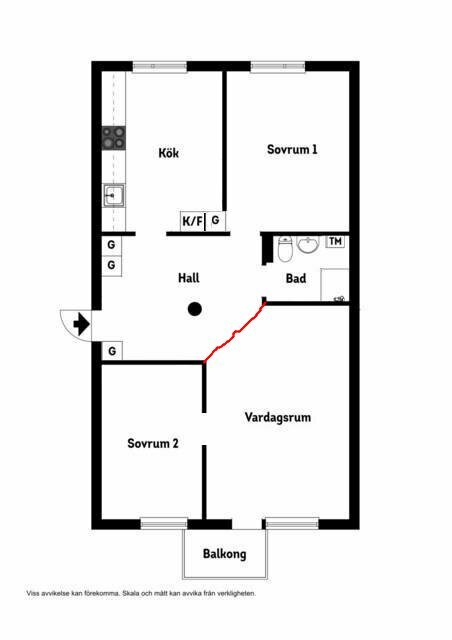 Svartvit ritning av en lägenhet med kök, vardagsrum, två sovrum, balkong och ett badrum.