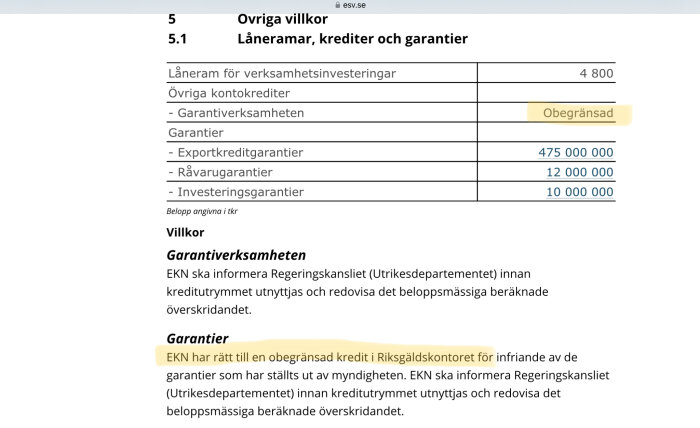 Svensk text om lån, krediter och garantier; finansiella villkor och belopp angivna i tusentals kronor.