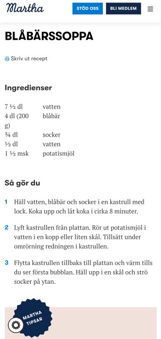 Recept på blåbärssoppa; ingredienser och instruktioner presenterade på svenska, enkelt och tydligt layoutat.