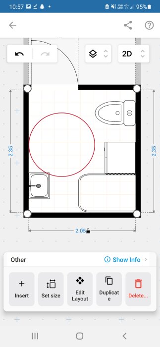 Ritning av ett badrum i en app med mått och möbleringsalternativ på en mobilskärm.