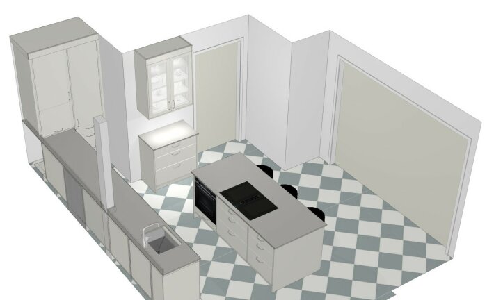 3D-rendering av ett kök med skåp, ugn, diskbänk och rutigt golv.