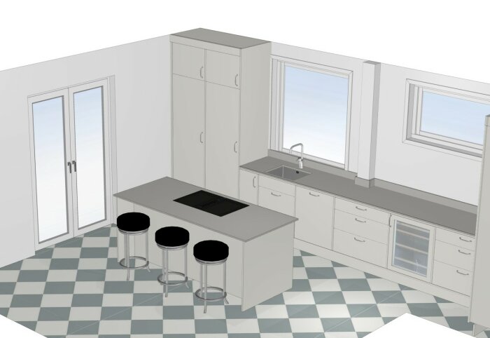 Modernt kök, vit inredning, barstolar, ökö, fönster, 3D-rendering, diskbänk, induktionshäll.