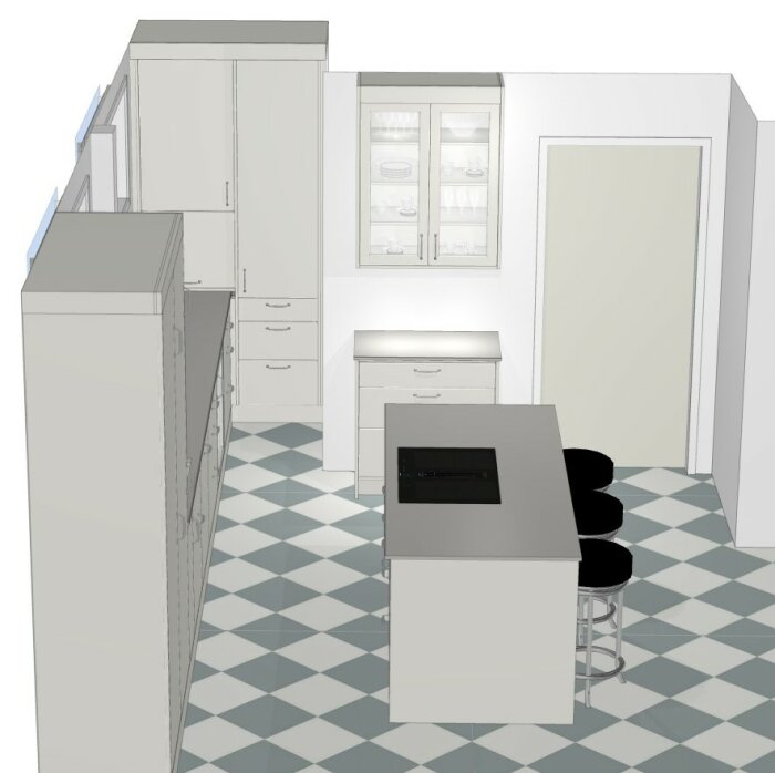 3D-rendering av modernt kök, vita skåp, svarta stolar, geometriskt golv, öppet och minimalistiskt.