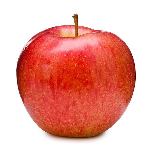 Rött äpple med glänsande skal och liten brun stjälk på vit bakgrund.