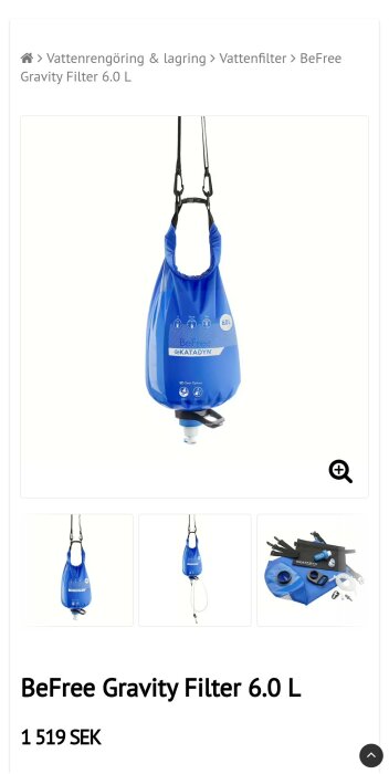 Blå, bärbar tygpåse med vattenfilter, kapacitet 6 liter, märket Katadyn BeFree, pris 1519 SEK.