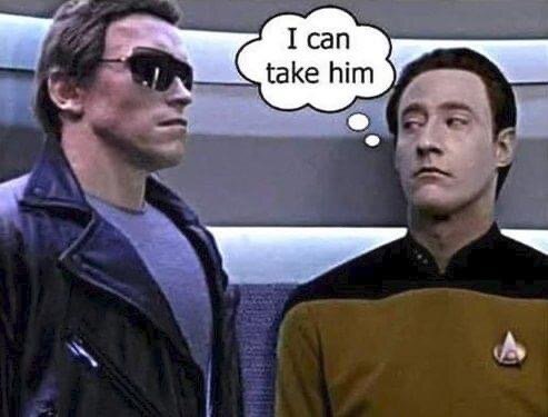 En solglasögon-beklädd karaktär står bredvid en Star Trek-figur med pratbubbla "I can take him". Humoristisk, fotoshoppad bild.