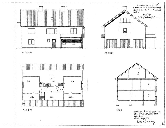 Arkitektoniska ritningar för ett hus, inkluderar fasadvyer och planlösning, daterat November 1953.