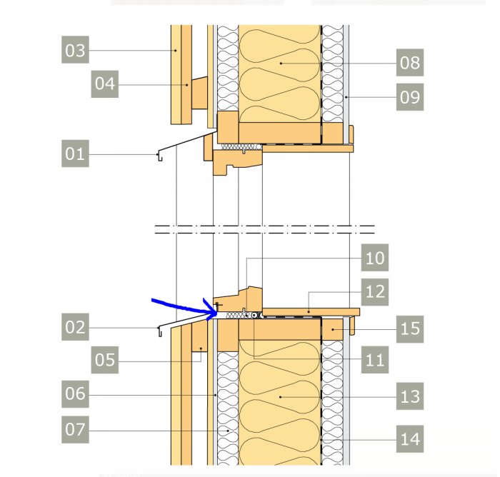 Teknisk ritning av en byggkonstruktion med numrerade delar och en blå pil som pekar mot ett element.