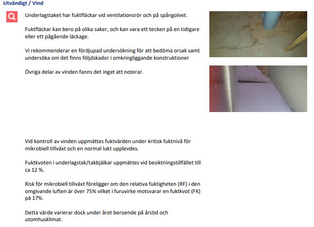 Bild på fuktfläckar nära ventilation, dokument med text om undersökning, rekommendationer, fuktrisk.