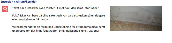 Tak med fuktskador nära fönster och vägg, rekommenderar undersökning för skador i konstruktionen.