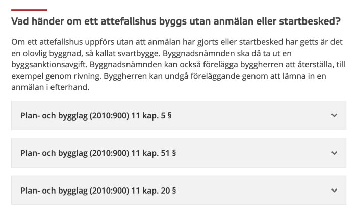 Text om följderna av att uppföra attefallshus utan anmälan eller startbesked enligt svensk lag.