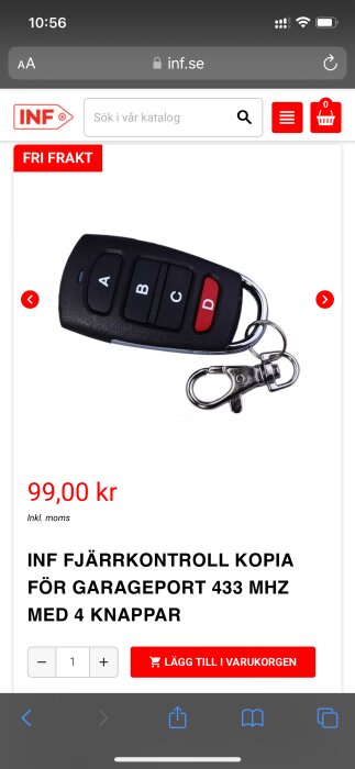 Fjärrkontroll för garageport, fyra knappar, 433 MHz, på e-handelswebbplats, 99 kronor, inklusive moms, fri frakt.