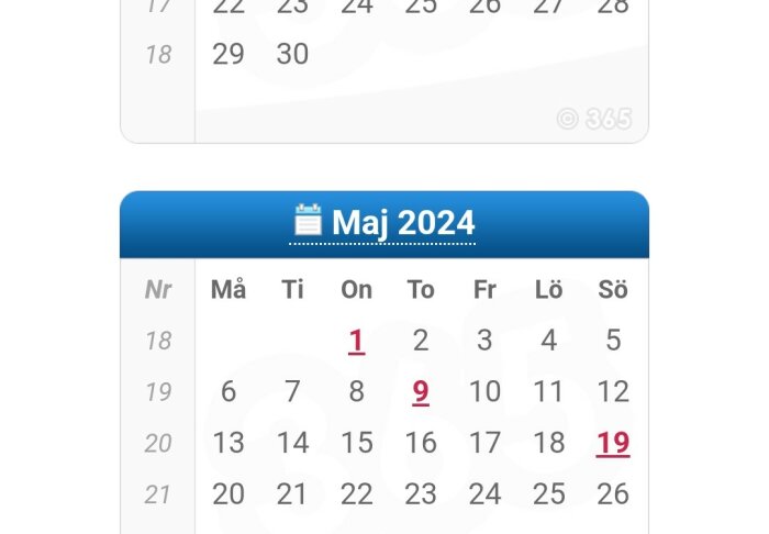 Kalender för maj 2024, markerade datum, digitalt format, gränssnitt, veckodagar på svenska.