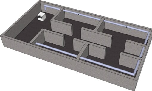 3D-modell av en enkel planlösning, möjligt kontorsutrymme utan tak, väggar, inredning. Gråa och svarta toner.