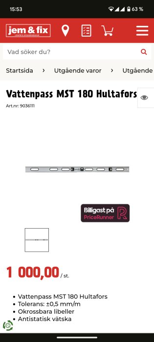 Skärmbild från jem & fix hemsida som visar Hultafors vattenpass MST 180 till salu.